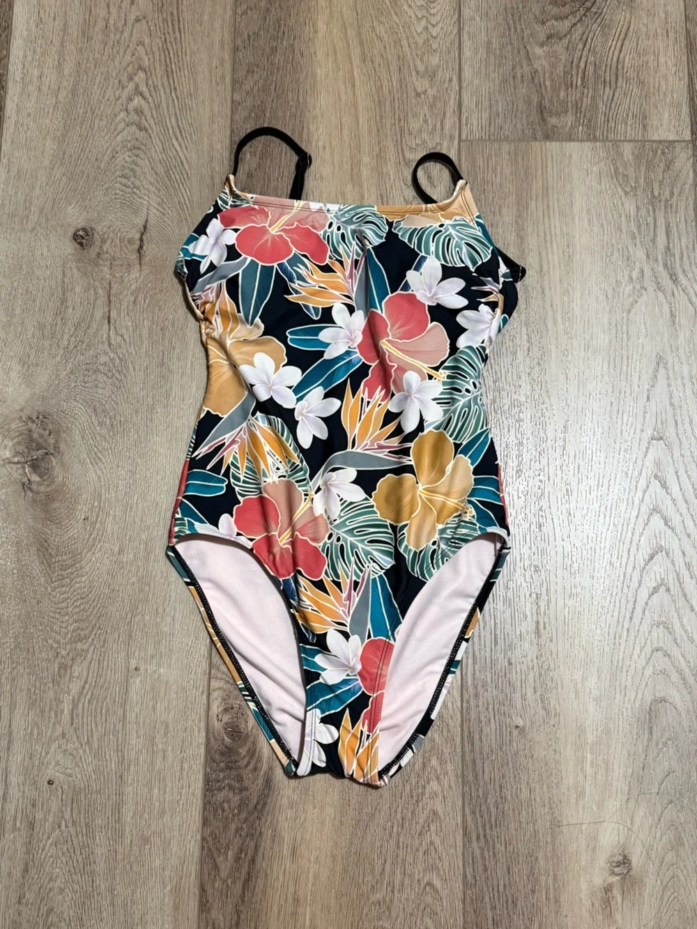 Hurley Black Floral One-Piece Swimsuit with Coral, Mustard and Teal